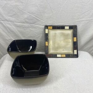 Hometrends Stoneware 3pc Set Mosaic Square Salad Plate and 2 Square Bowls Brown